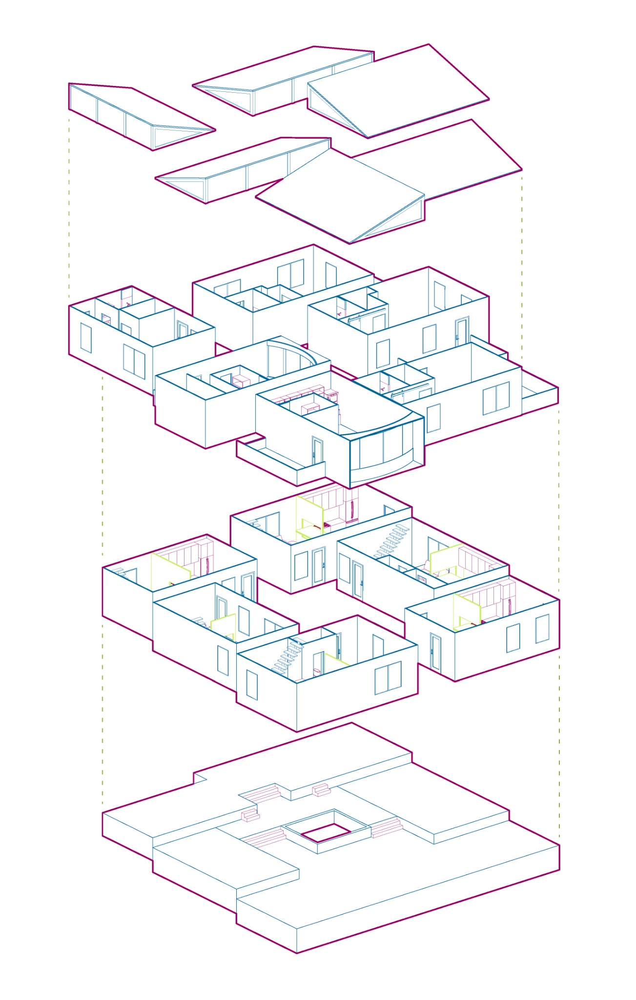 Exploded axonometric drawing showing how the modular housing parts fit together
