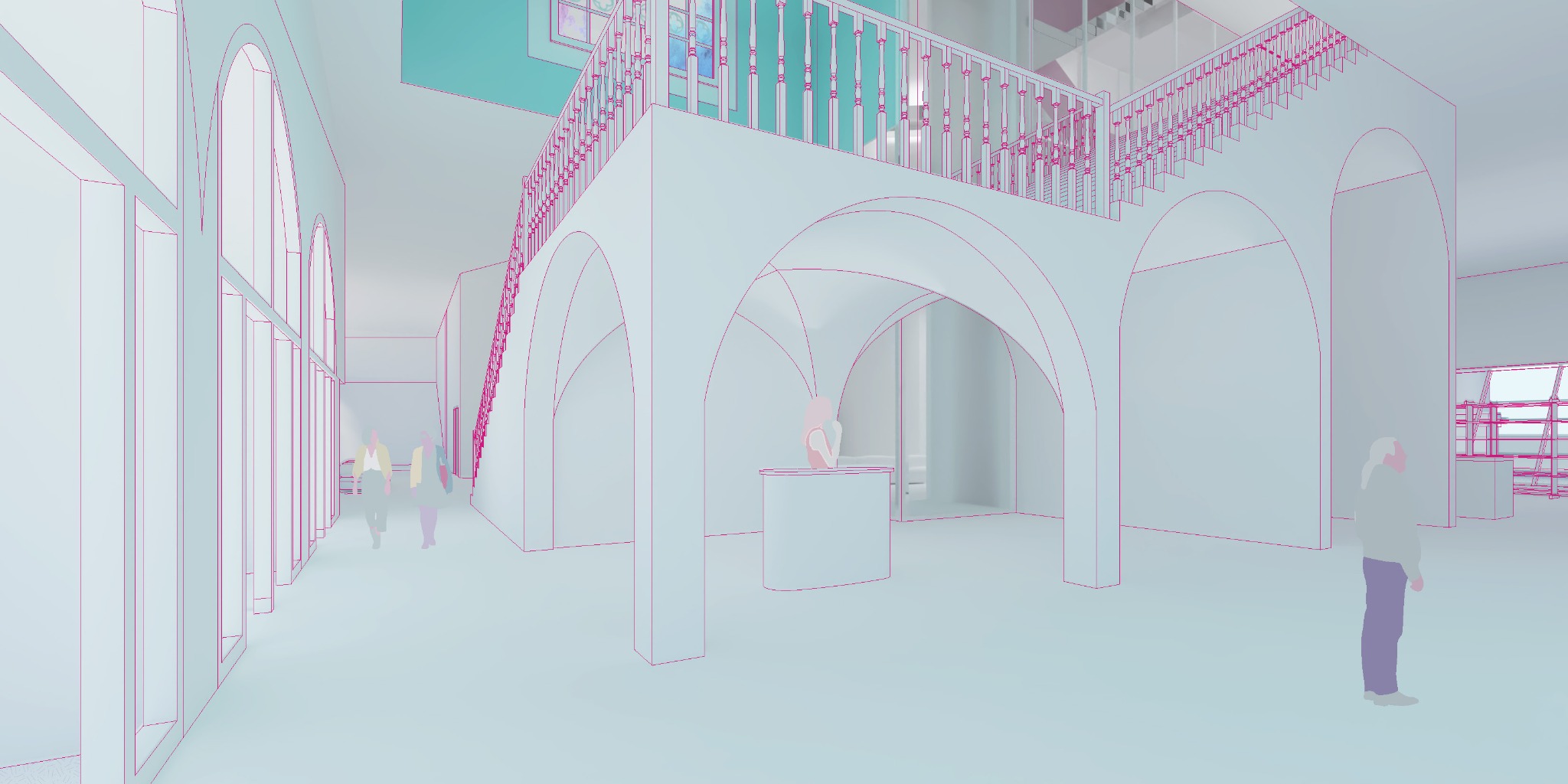 Museum entry with a sequence of arches and a pink stair rising above